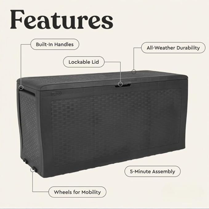 Large Resin Deck Box, 70 Gal Outdoor Storage, Rattan Style, Lockable with Wheels, (Grey, 46" L x 22.4" W x 17.7" H)