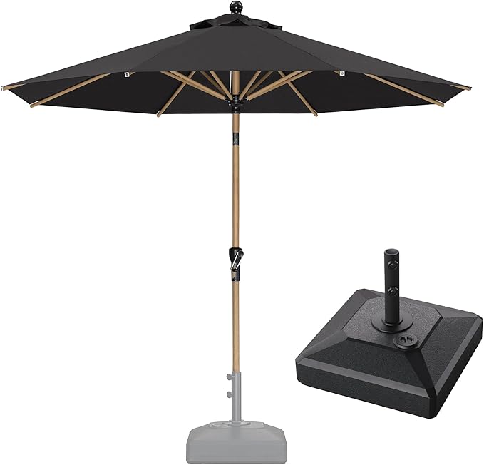 PURPLE LEAF 11 Feet Patio Umbrella with Base Market Umbrella Round Outdoor Umbrella with Push Button Tilt & Crank and 8 Ribs Aluminum Table Umbrella for Pool Backyard Beach, Black