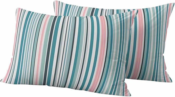 Outdoor Waterproof Throw Pillow Covers Set of 2 Turquoise Blue Striped Lumbar Pillowcases 20x12 Inches Geometric Pink Stripes Decorative Pillows Cushion Case Patio Pillows for Couch Bed Chair Garden