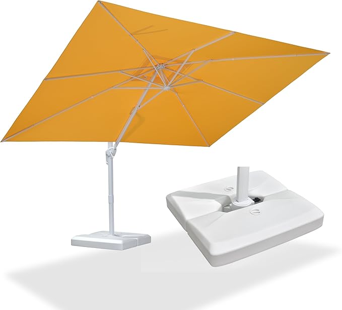 PURPLE LEAF 9' × 11.5' Patio Umbrella With Base White Cantilever Umbrella Square Outdoor Offset Umbrella Windproof with 360° Rotation for Garden Deck Pool, Yellow