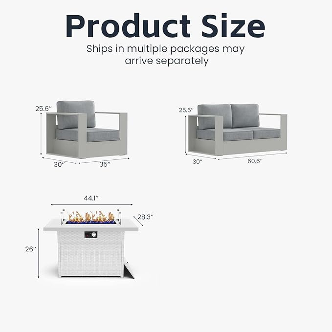 4 Pieces Patio Furniture Set with Fire Pit Table, Metal Modern Conversation Set with Deep Seating and Widened Aluminum Frame for Deck, Porch, Garden