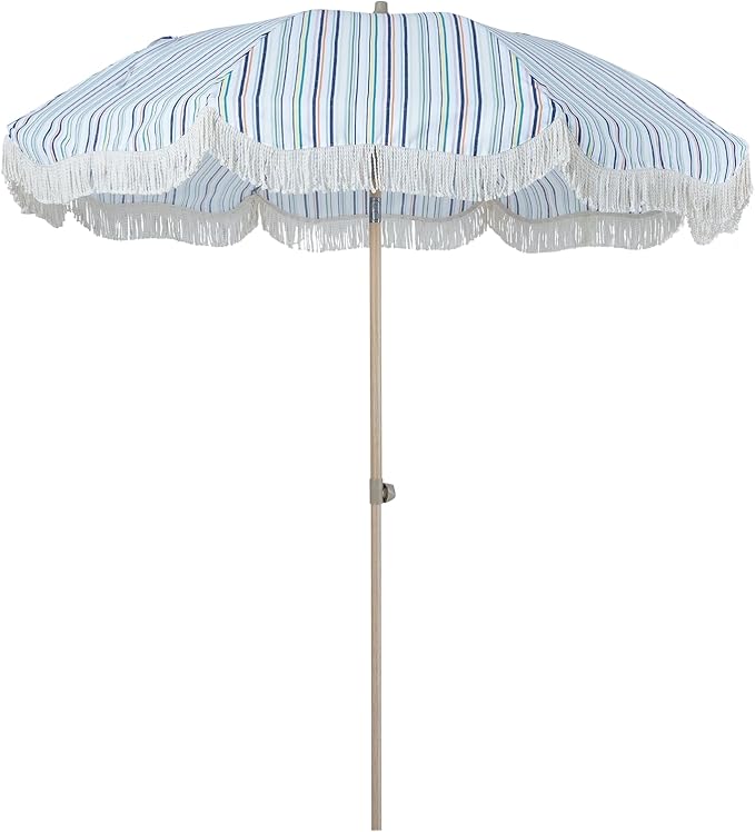 Tempera 7ft Boho Beach & Patio Umbrella with Fringe, Market Umbrellas with UPF 50+ UV & Water-Resistant Canopy, 1.5" Wood Pole & Button Tilt.