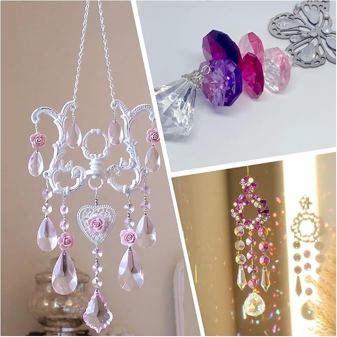 1 Box 120Pcs Glass Octagon Beads Bulk Prism Crystal Bead 14mm 2 Hole Pink Crystal Chandelier Replacement Links Sun Catcher Faceted Beads for DIY Lamp Hanging Pendant Jewelry Suncatcher Craft
