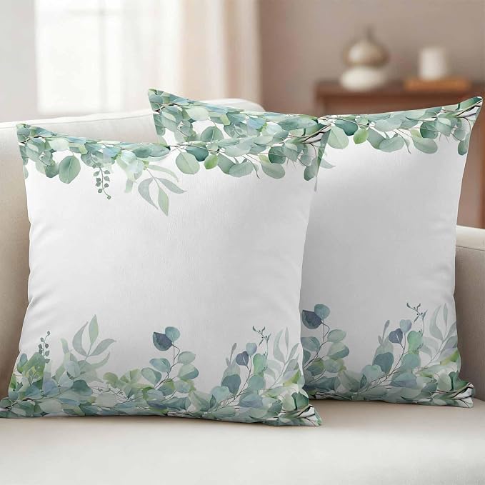 Spring Green Leaf Outdoor Waterproof Throw Pillow Covers Set of 2, 20"x20", Eucalyptus Leaves Watercolor Plants Decorative Pillow Covers Outside Cushion Case for Patio Porch Garden