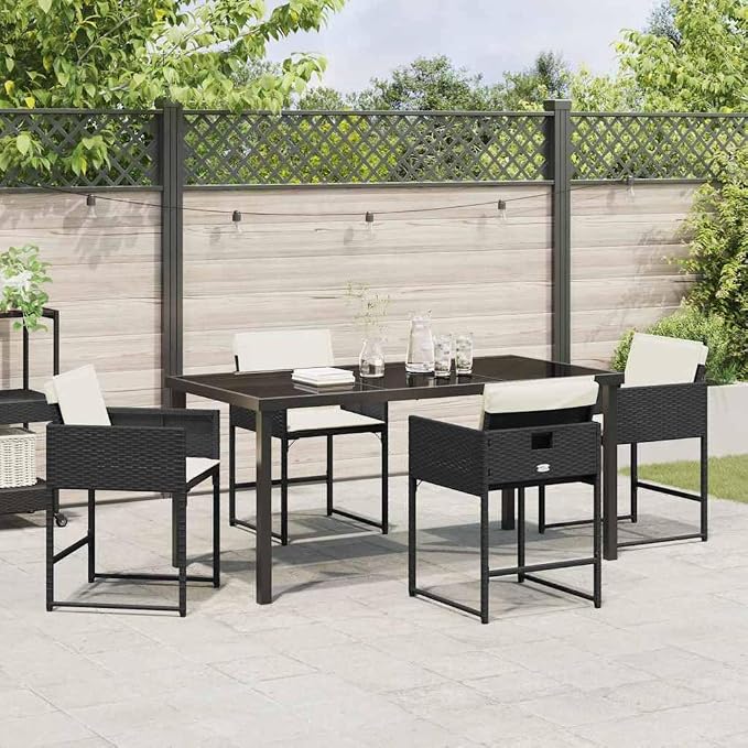 5 Piece Garden Dining Set, Black Poly Rattan Patio Furniture Table and 4 Chairs for Outdoor Backyard Deck Porch