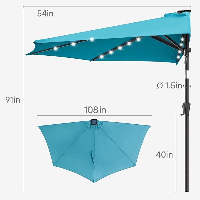 9FT Solar Half Umbrellas Outdoor - LED Half Patio Umbrella with 25 Lights, UV Protection Waterprool, Half Round Umbrella for Wall Balcony, Pool, Porch, Garden, Deck, Backyard, Aqua Blue