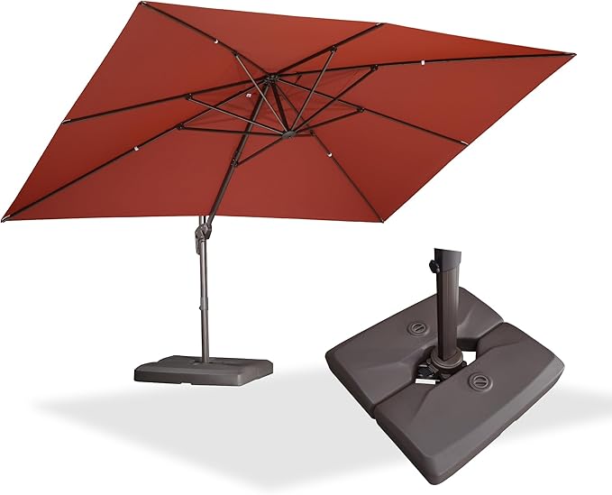 PURPLE LEAF 10' X 13' Patio Cantilever Umbrella with Base Rectangle Umbrella Outdoor with Aluminum Offset Antique Bronze Hanging and 360° Rotation for Pool Garden Deck Patio, Brick Red
