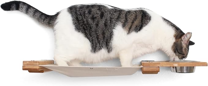 Catastrophic Creations Cat Feeder Lounge w/Cat Hammock — Natural Bamboo Cat Wall Furniture — Wall Mounted Cat Feeder — Highly Customizable, Cat Tested & Approved (25 Inch)