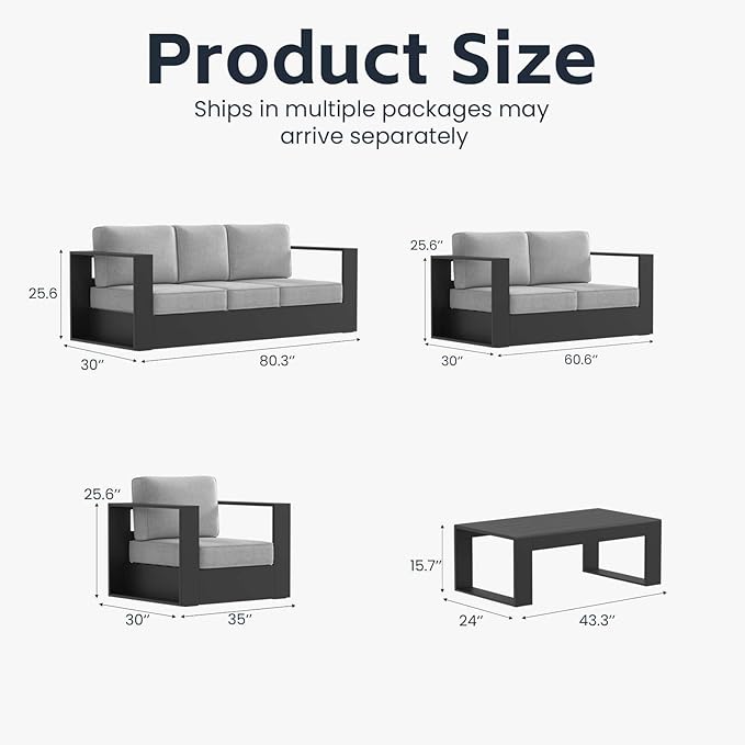 5 Pieces Patio Furniture Set with Coffee Table, Metal Modern Conversation Set with Deep Seating and Widened Aluminum Frame for Deck, Porch, Garden