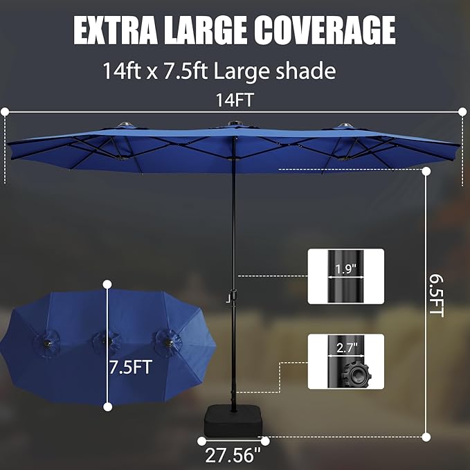 LEVELEVE 15FT Double-Sided Patio Umbrella with Base Included, Large Outdoor Rectangular Market Umbrella for Backyard, Poolside, Lawn & Garden,Blue