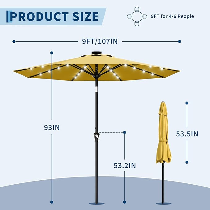 Garvee 9FT Solar Patio Umbrella with 32 LED Lights - Outdoor Table Umbrella with Crank Lift, Push Button Tilt and 8 Sturdy Ribs - Market Umbrella UV Protection for Pool, Deck, Yard, Garden -Yellow