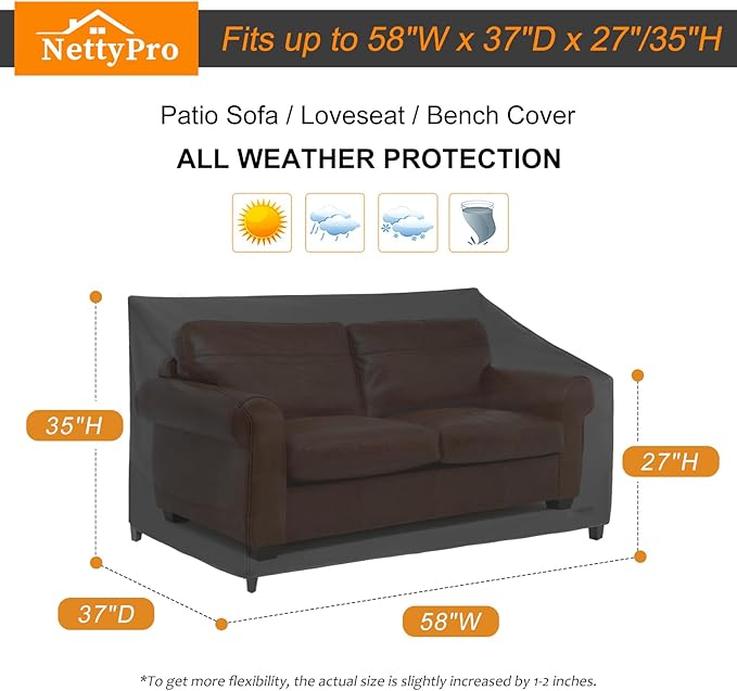NettyPro Patio Sofa Cover Waterproof Heavy Duty Outdoor Couch Furniture 3 Seater Cover, 58" Wx 37" Dx 35" H, Black