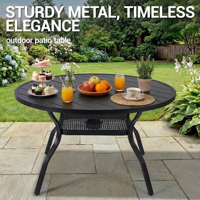 Outdoor Patio Dining Table for 4 People, 41" All-Weather Resistant Metal Round Table with Adjustable Umbrella Hole for Garden Backyard Porch Poolside, Black