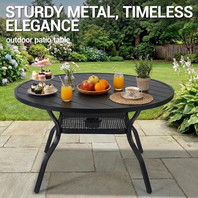 41" Round Outdoor Dining Table for 4 Person, Metal Patio Dining Table with Adjustable Umbrella Hole, Partitioned Storage Shelf for Garden, Backyard and Porch, Black