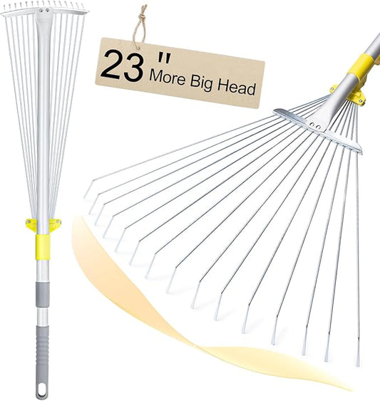 JARDINEER Adjustable Rakes for Leaves, Large Garden Leaf Rake for Lawns Grass with 7-23" Expandable Head, Yard Collapsible Rake for Camping (64 inches)