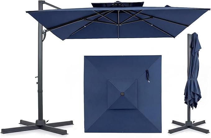 Tangkula 10 FT Patio Cantilever Umbrella, Large Square Offset Hanging Umbrella w/ 360° Rotation, 8 Sturdy Ribs, Air Vent & Cross Base, Heavy-Duty Outdoor Sun Shade for Backyard Pool Garden Deck, Navy Blue