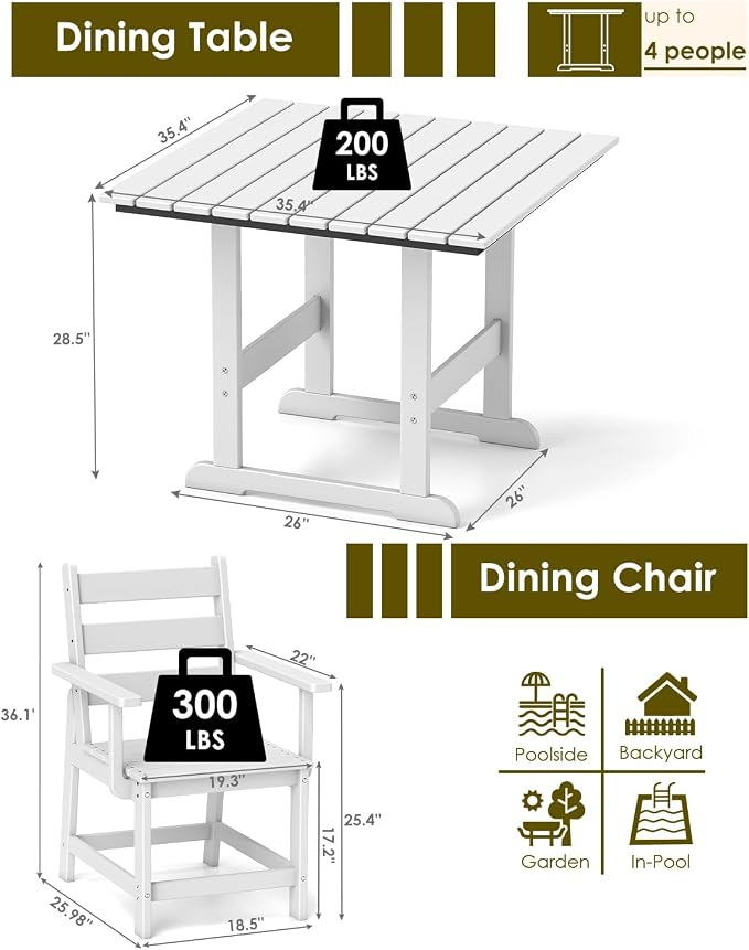 GREENVINES 5-Piece-Outdoor-Dining-Set | HDPE | Square | Patio Furniture | All Weather | Removable Armrests | Slatted Table and Chairs Sets for 4 | for Backyard Poolside Garden | White