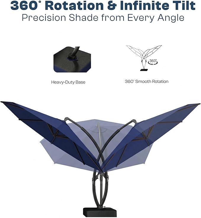 11 FT Cantilever Umbrella with Base Included, Large Round 360° Rotation Offset Umbrella Outdoor Patio, Heavy Duty Aluminum Frame, Sand-Weighted Stand, for Deck, Backyard, Pool, Garden (Navy Blue)