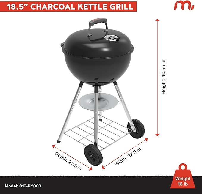 Megamaster 18" Portable Charcoal Barbecue Grill with Adjustable Air Vent, Storage Rack, 245 SQ. In Cooking Area, 2 Wheel Transport BBQ Grill for Camping, Outdoor Cooking, Patios, and More - 810-KY003