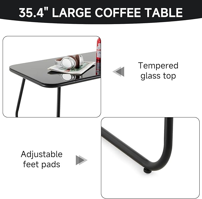 4-Piece Patio Conversation Set with Cushions, Outdoor Wicker Bistro Furniture with Rectangle Tempered Glass Coffee Table, All-Weather Rattan Loveseat Chairs for Porch, Backyard, Deck, Garden