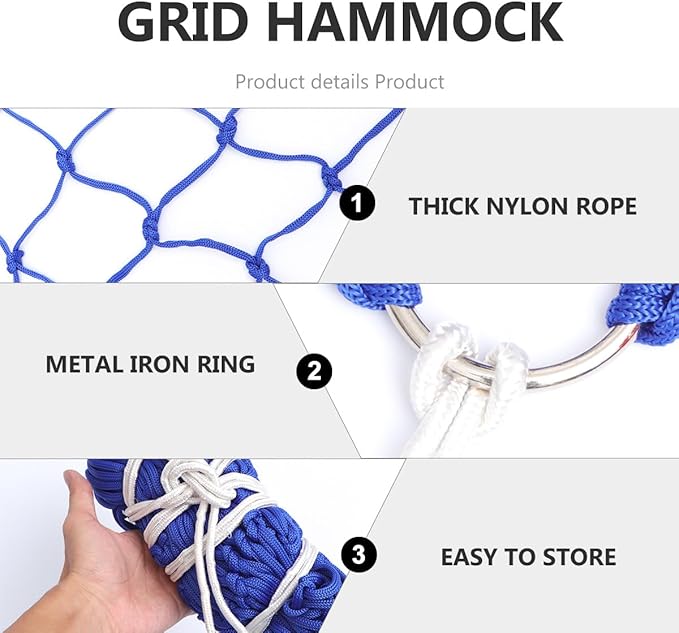Abaodam Portable Outdoor Nylon Hammock for Camping and Garden Use, Blue Mesh Leisure Hanging Bed 230x80cm with 5.5mm Thick Rope, Lightweight Travel Hammock for Patio and Backyard