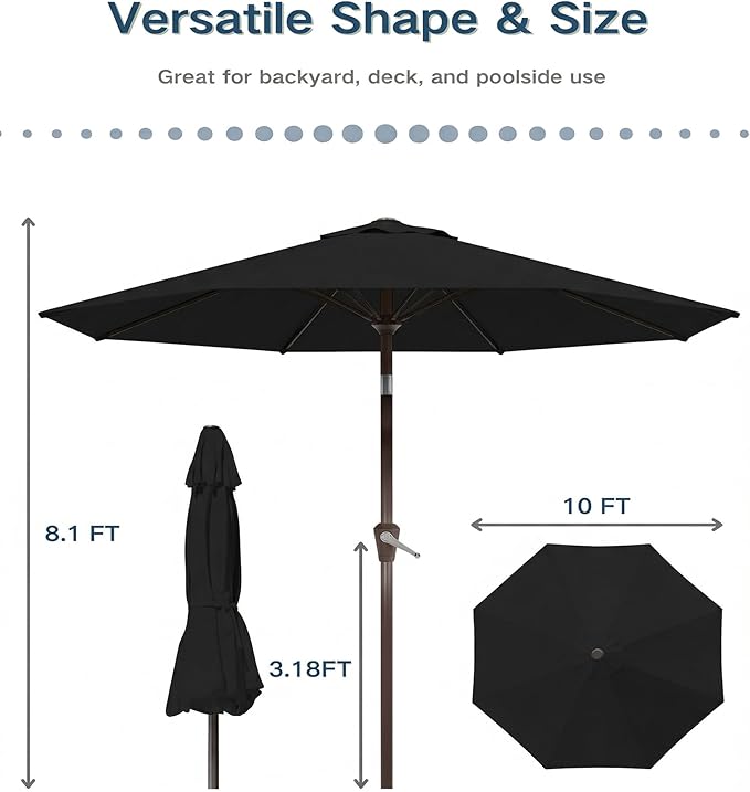 PatioKingdom 10FT Patio Umbrella with Push Button Tilt and Crank, Outdoor Market Umbrella with 8 Fiberglass Ribs, UV Protection Table Umbrella for Pool,Backyard,Garden,Deck