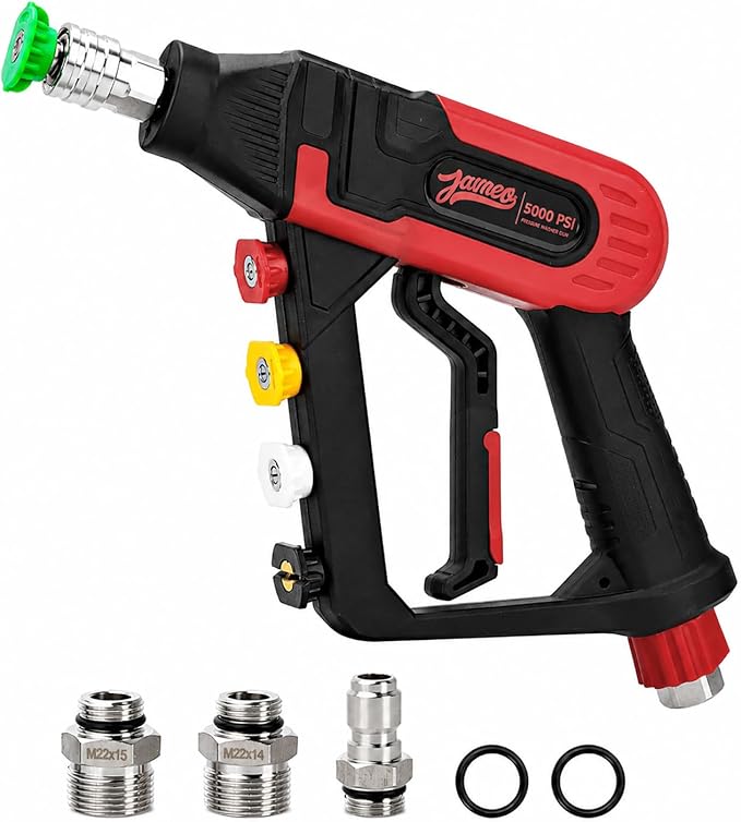 Short Pressure Washer Gun with Swivel, 5000 PSI Power Washer Gun, 3/8" Quick Connect, M22-14mm and M22-15mm Adapter, 5 Nozzle Tips, Trigger Lock for Car Wash and Cleaning