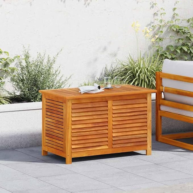 Garden Storage Box Natural Solid Acacia Wood Outdoor Cushion Chest, 35.4 Inch Rectangular Wood Deck Box for Patio Furniture Accessories and Terrace, Brown Oiled Finish