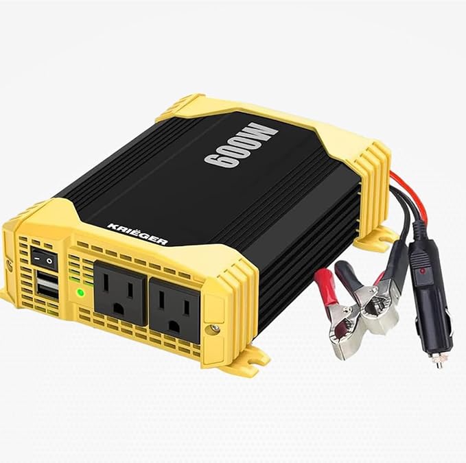 K KRIËGER 600 Watt Power Inverters for Vehicles, 12V to 110V, Car Charger with Plug Outlet, Modified Sine Wave, 2 AC Outlets, USB Ports, Cigarette Lighter & Clamps - ETL Approved Under UL STD 458