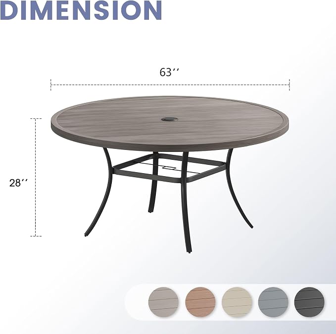 VICLLAX 63" Round Patio Table, Outdoor Dining Table for 8-10 with Umbrella Hole for Garden Lawn Deck Backyard, Antique Grey