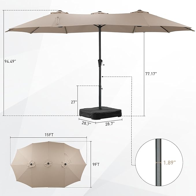 15 ft Patio Umbrella with Base, Large Rectangle Outdoor Umbrella with Matching Stand, Strap, Crank, Khaki