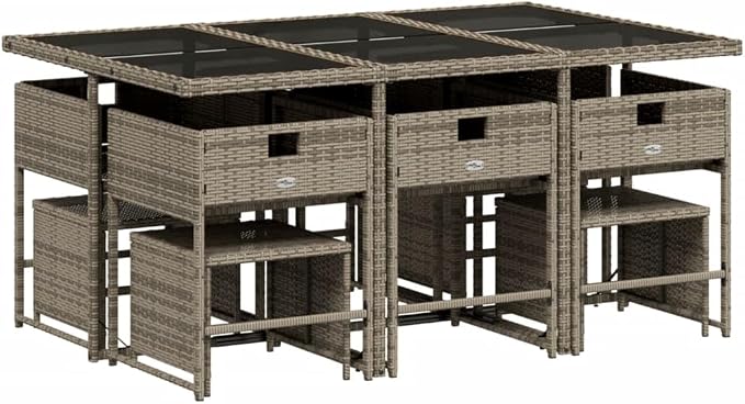 11 Piece Garden Dining Set with Cushions Grey Poly Rattan Outdoor Patio Furniture Table and 6 Chairs with Foldable Backrest, UV Resistant Tempered Glass Top, Space Saving for Backyard