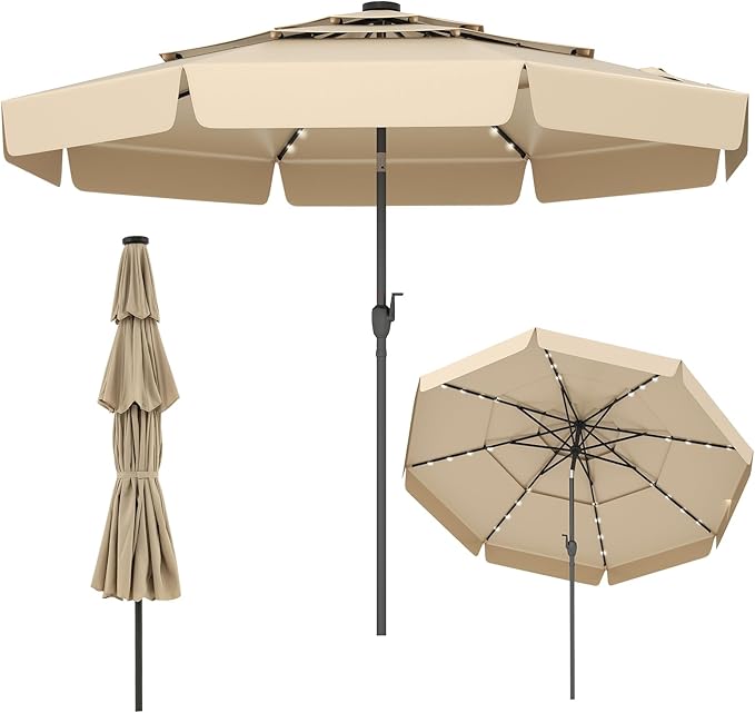Tangkula 10 FT Solar LED Patio Umbrella, 3-Tiers Scalloped Outdoor Table Market Umbrella with 32 LED Lights, Tilt Adjustment, Crank, 8 Sturdy Ribs for Pool, Deck, Backyard (Beige)