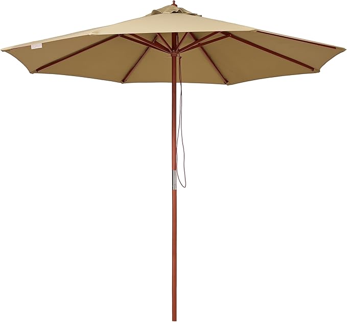 9 Ft Wooden Patio Umbrella 8 Ribs Table Parasol Rope Pulley Outdoor Garden Yard