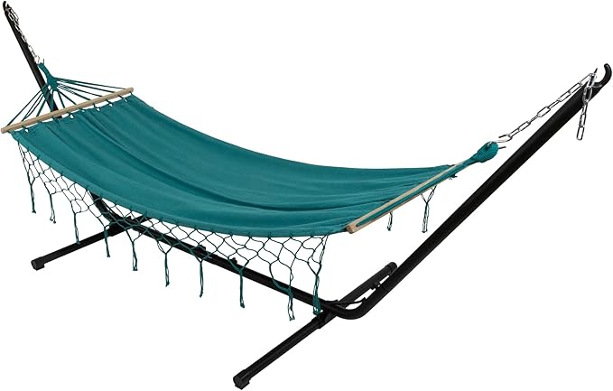 Hammock with Netted Fringe and Wooden Bars - 100" x 41" - Teal Green