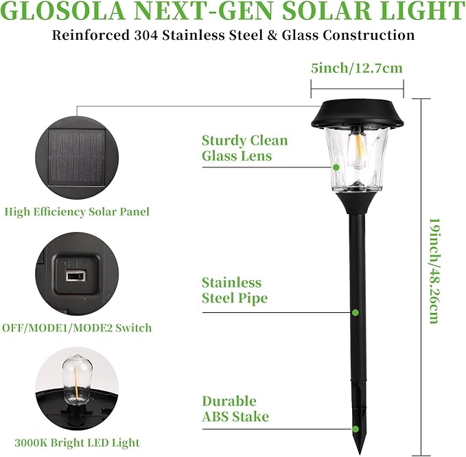 Solar Pathway Lights Outdoor 4 Pack, Stainless Steel & Glass Solar Garden Lights, Auto Dusk to Dawn IP65 Waterproof LED Path Lights for Yard, Lawn, Walkway, Driveway