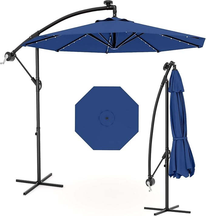 10FT Cantilever Patio Umbrella with Solar LED Lights - Heavy Duty 2-Tier Square Aluminum Offset Outdoor Umbrella, 360° Rotation for Poolside, Backyard, Deck Outdoor Use, Tan