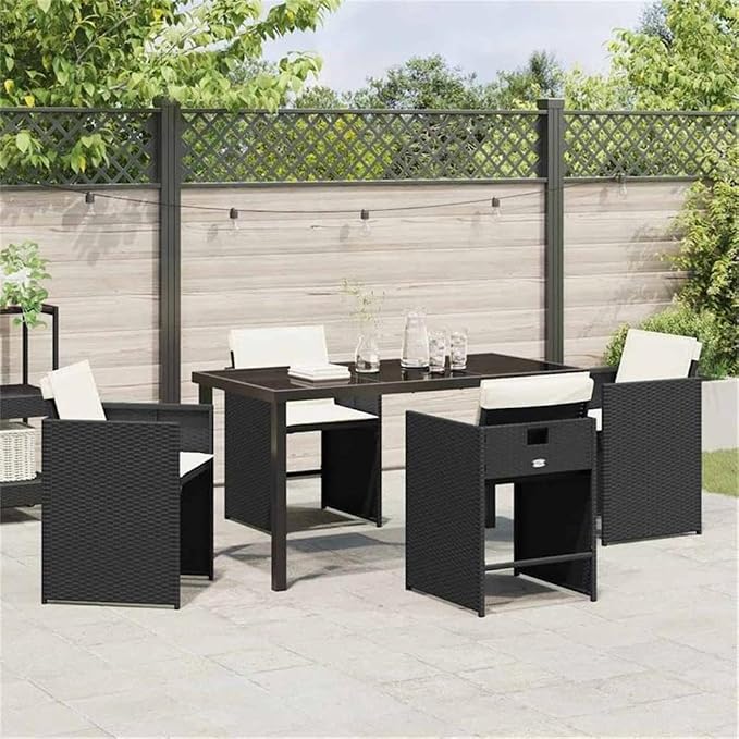 Afuera Living 5 Piece Patio Dining Set, Black Poly Rattan with Cushions, Powder-Coated Steel Frame, Tempered Glass Tabletop, UV Resistant, Weatherproof Outdoor Furniture for Garden or Patio