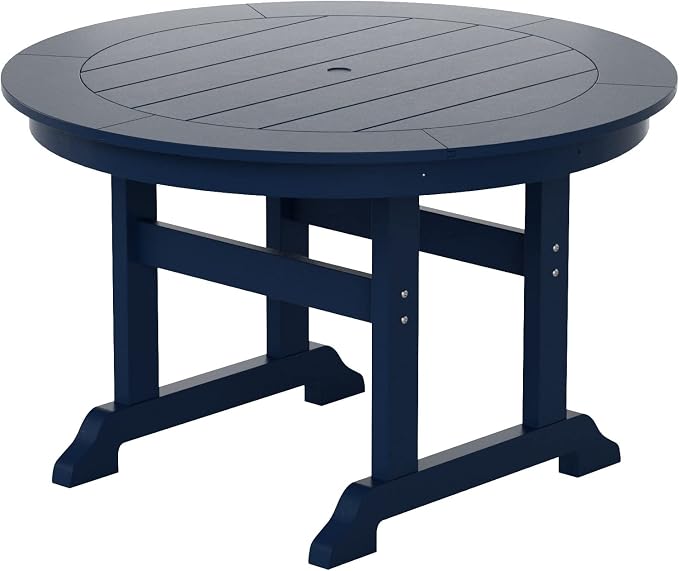 WestinTrends Malibu Patio Dining Table, All Weather Poly Lumber Adirondack 47" Trestle Round Outdoor Table with Umbrella Hole, Navy Blue