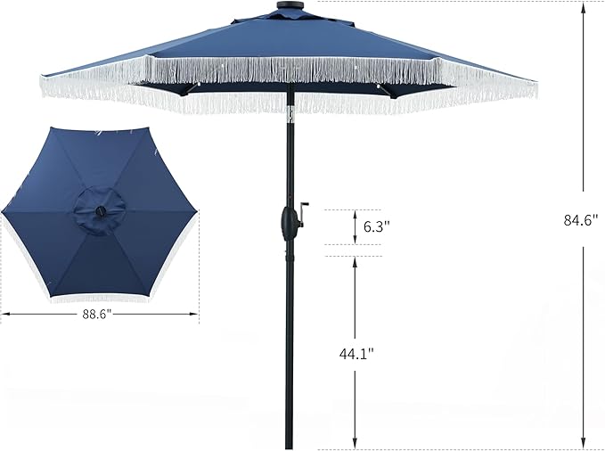 GDY 7.5ft Tassel Patio Umbrella and Matching Base, Outdoor Table Umbrella with 18 LED Lights,Market Umbrella with 6 Sturdy Ribs, with Push Button Tilt and Crank, Dark Blue