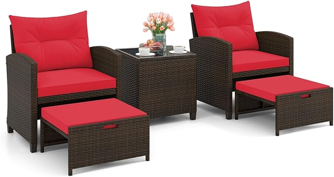 HAPPYGRILL 5-Piece Outdoor PE Rattan Conversation Set, Wicker Patio Furniture Set with Cushion, Ottoman & Coffee Table for Backyard Garden Poolside Lawn Deck Porch (Mix Brown & Red)