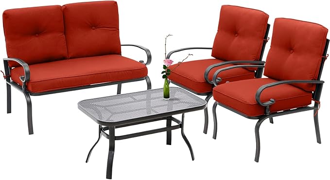 Incbruce 4Pcs Outdoor Metal Furniture Sets Wrought Iron Patio Furniture Conversation Set (Loveseat, Coffee Table, 2 Chairs) - Steel Frame Patio Seating Set with Red Cushions
