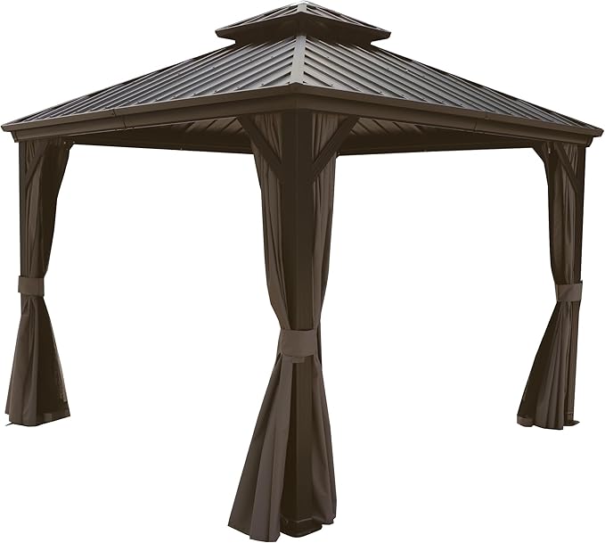 Kozyard Caesar 10'x10' Hardtop Gazebo - Permanent Metal Pavilion with Netting and Shaded Curtains for Patio, Backyard, and Deck - Galvanized Steel Outdoor Aluminum Canopy, Double Roof Gazebo (Brown)