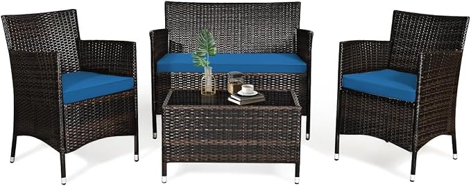 HOMGX 4-Piece Rattan Patio Furniture Set, Sectional Sofa Chair, Wicker Set with Tempered Glass Coffee Table & Thick Cushions, Perfect for Garden, Lawn, Poolside, Backyard (Peacock Blue)