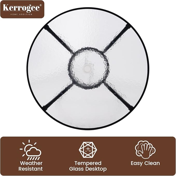 32'' Outdoor Patio Table, Bistro Table with Tempered Glass Table Top and Umbrella Hole Steel Frame Outdoor Furniture Party Conversation Coffee Table for Garden Backyard Balcony Lawn