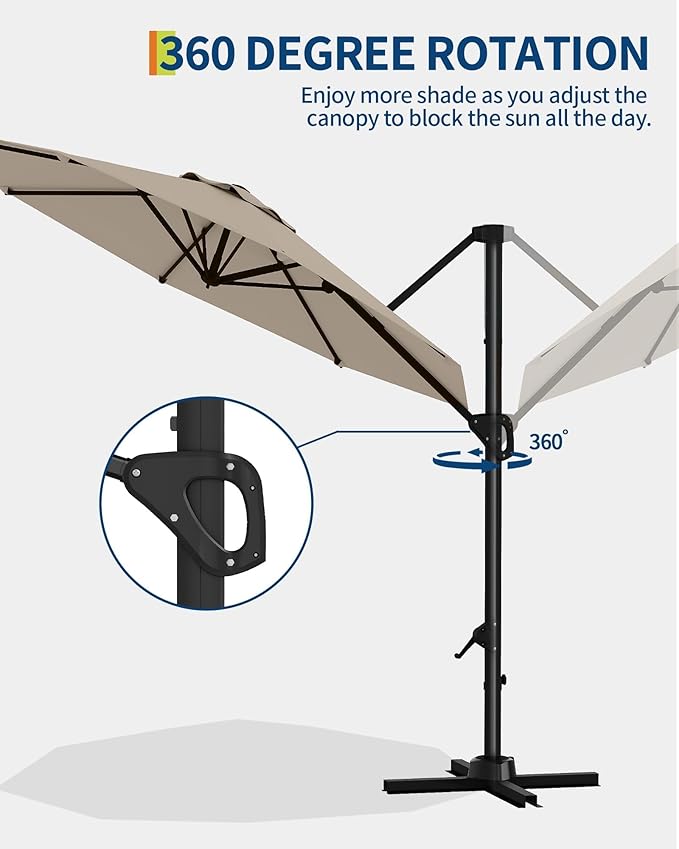 GarveeLife 10FT Patio Umbrella Outdoor Large Cantilever Umbrella Market Sun Shade Windproof Offset Umbrella with 360-Degree Rotation for Garden Deck Pool Patio