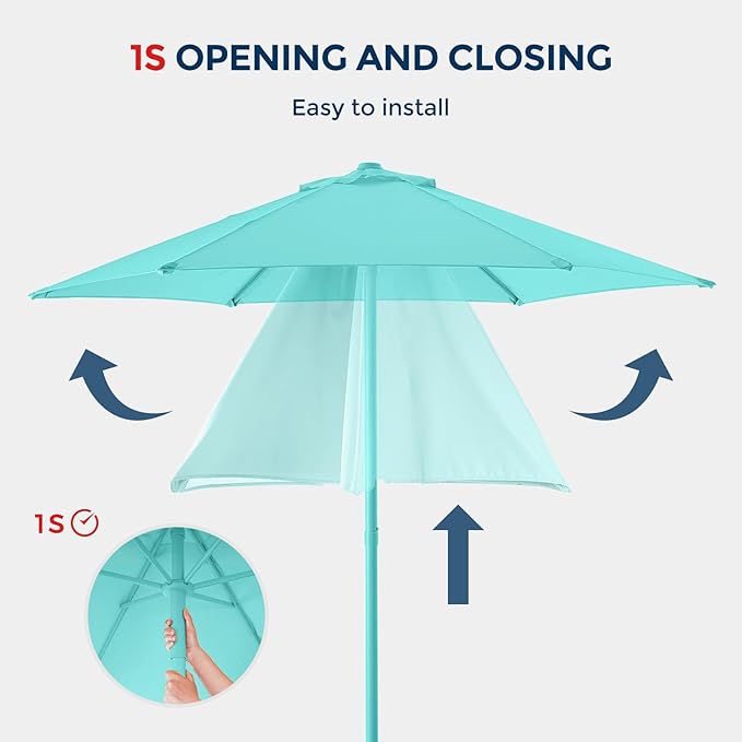 HOMSHADE 7.5ft Outdoor 1S Push-Up Patio Umbrella - Market Table Pool Deck Umbrella UPF50+ UV Protection with 6 Sturdy Ribs for Balcony, Garden, Lawn, Backyard (Light Blue)