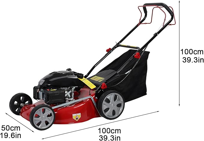 [Easy to Start] Self-Propelled Gas Lawn Mower, 20-Inch, 141cc 4-Stroke Engine, 3-in-1 Mulch/Bag/Side Discharge, 50L Grass Bag, Big Rear Wheels, 7-Position Height Adjustment Red