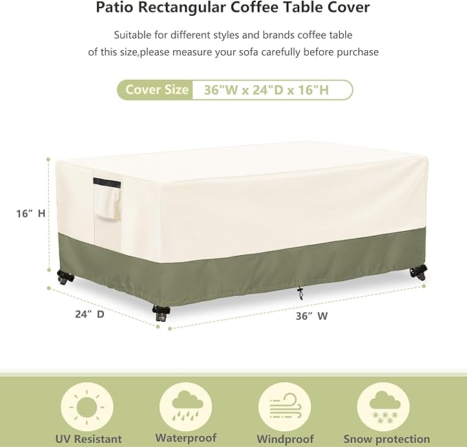 Outdoor Coffee Table Cover 36 W x 24 D x 16 H Inches,600D Heavy Duty Waterproof Outdoor Table Cover,Patio Rectangle Table Covers ,Beige