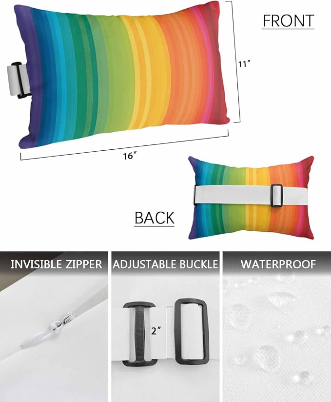Outdoor Pillows for Chaise Lounge Chair Set of 2 Colorful Stripes Rainbow Waterproof Lumbar Pillows with Insert for Beach Chair,Patio Office,Pool Recliner,Watercolor Line Minimalist Geometric 11x16IN